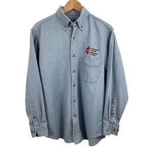 Jerzees Vintage Blue Denim Button Up Shirt Mens Size M Normandy Church